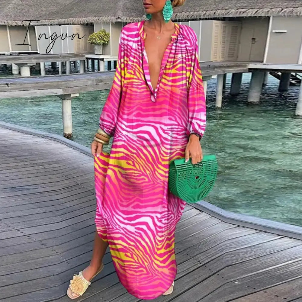 Ingvn - Autumn New Women's Loose Long Sleeves Dress Casual Printed Long Sleeves Streetwear Ladies Fashion V Neck Elegant Commute Dresses