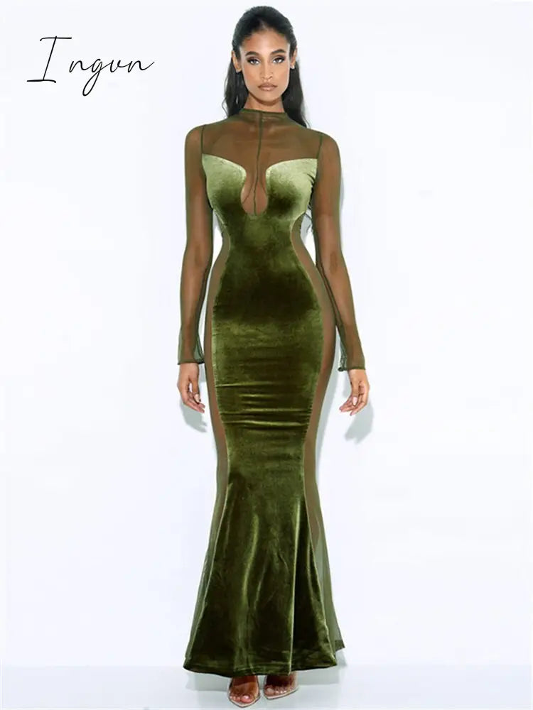 Ingvn - Womens Fall Fashion Mesh Patchwork O Neck Long Sleeve Maxi Dress Women Autumn Winter Elegant Sexy See Through Party Dresses Club Outfits