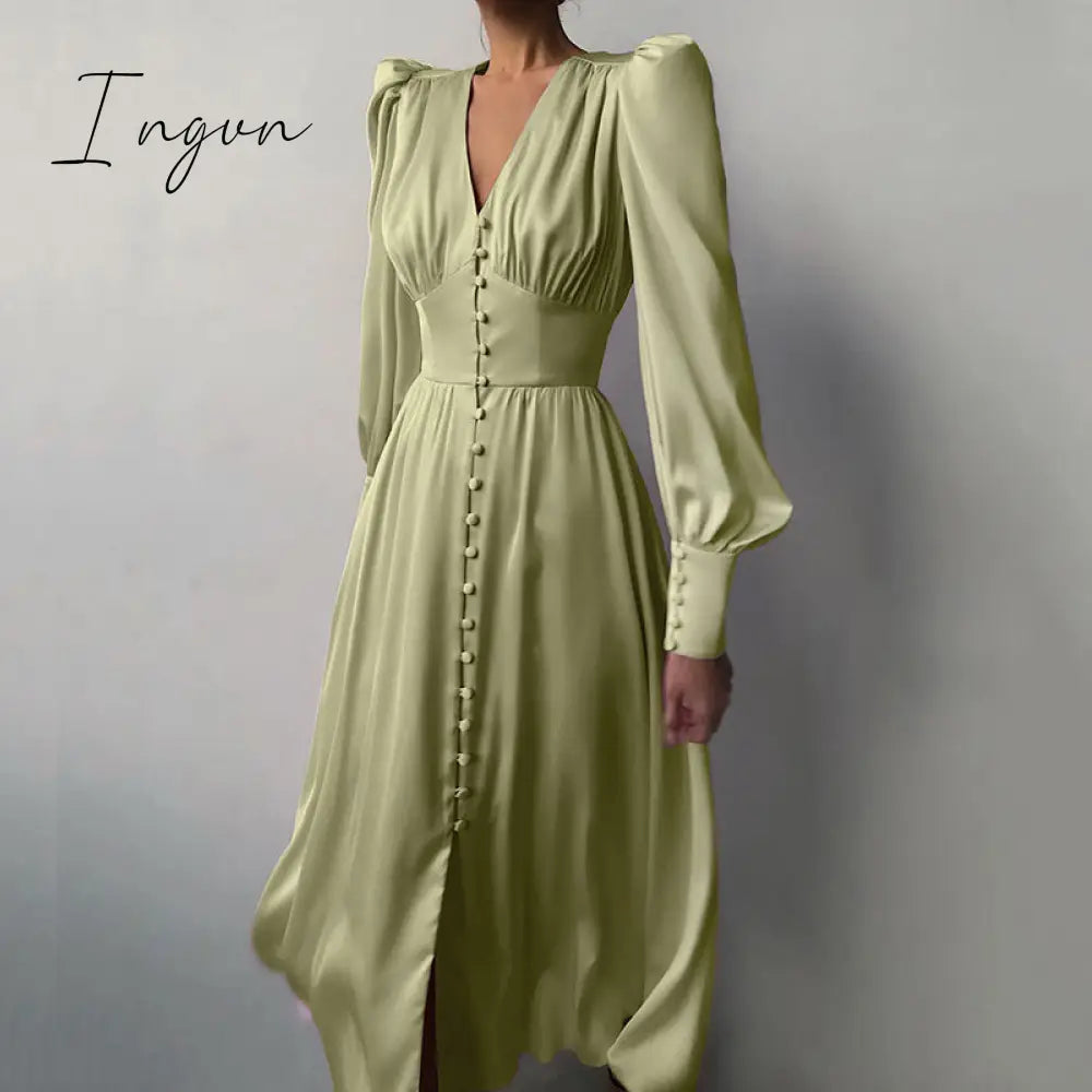 Ingvn - Elegant spring satin bishop sleeve a-line dress women V-neck high waist button dress solid Vintage long dresses chic