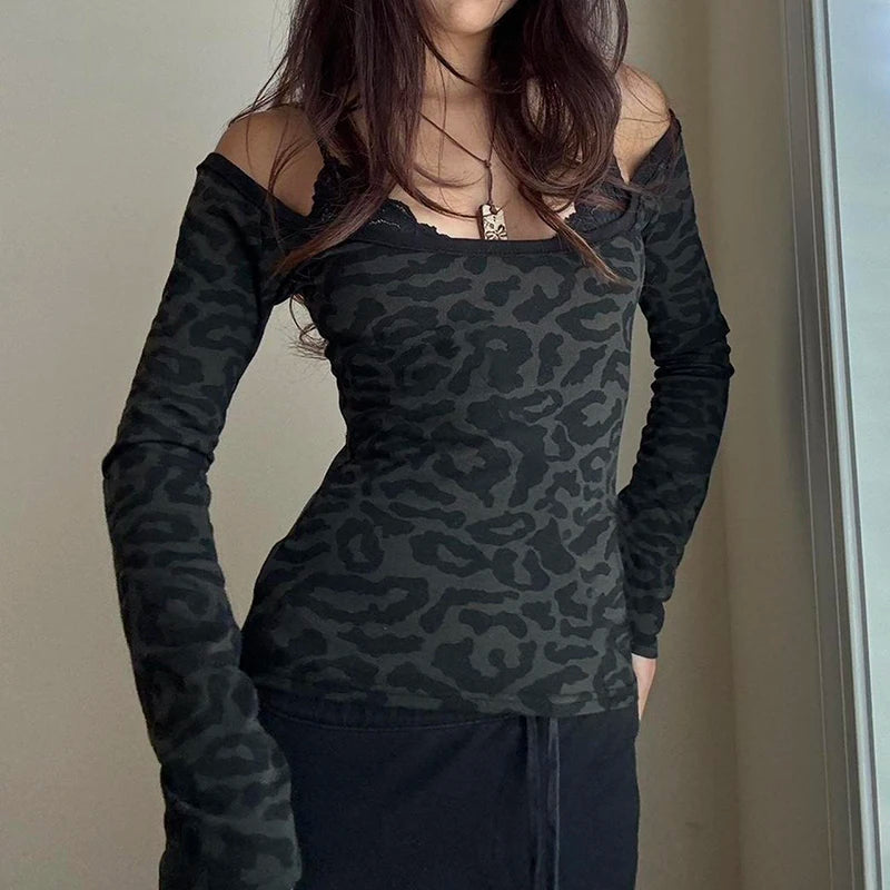 Leopard Print Black T Shirt Women Lace Patchwork Full Sleeve Tee y2k Chic Off-shoulder Cropped Top Vintage 2000s Clothing