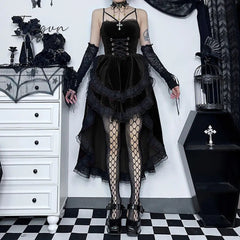 Ingvn - Women Fashion Gothic Vintage Velvet Croset Dress Aesthetic Punk Hight Waist Lace Trim Mesh Mini Dresses Fairy Grunge Partyclub Dress