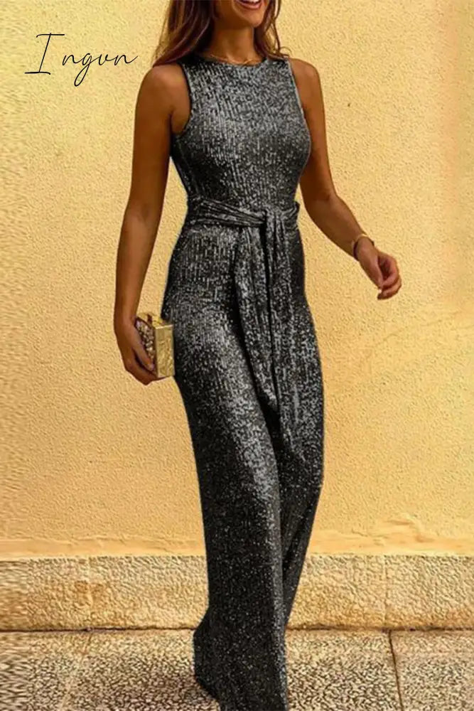 Ingvn - British Style Elegant Solid Sequins Backless O Neck Jumpsuits