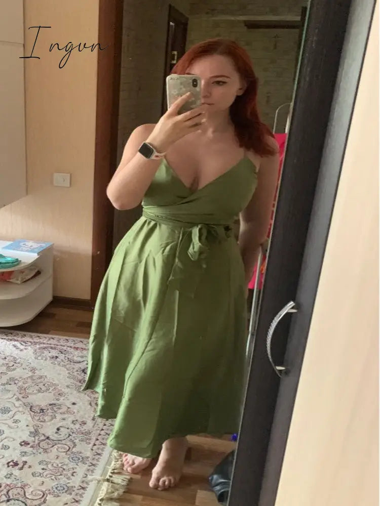 Ingvn - Boho Slim V Neck Summer bandage backless Maxi Long Dress Women Casual spaghetti strap Party Beach Holiday elegant tunic dress