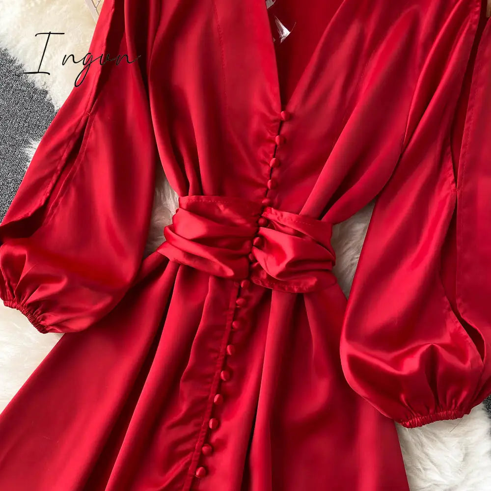 Ingvn - Womens Fashion Irregular Maxi Dress Women Design Hollow Puff Sleeve A-line Dress New Autumn Casual Vacation Split Long Dress