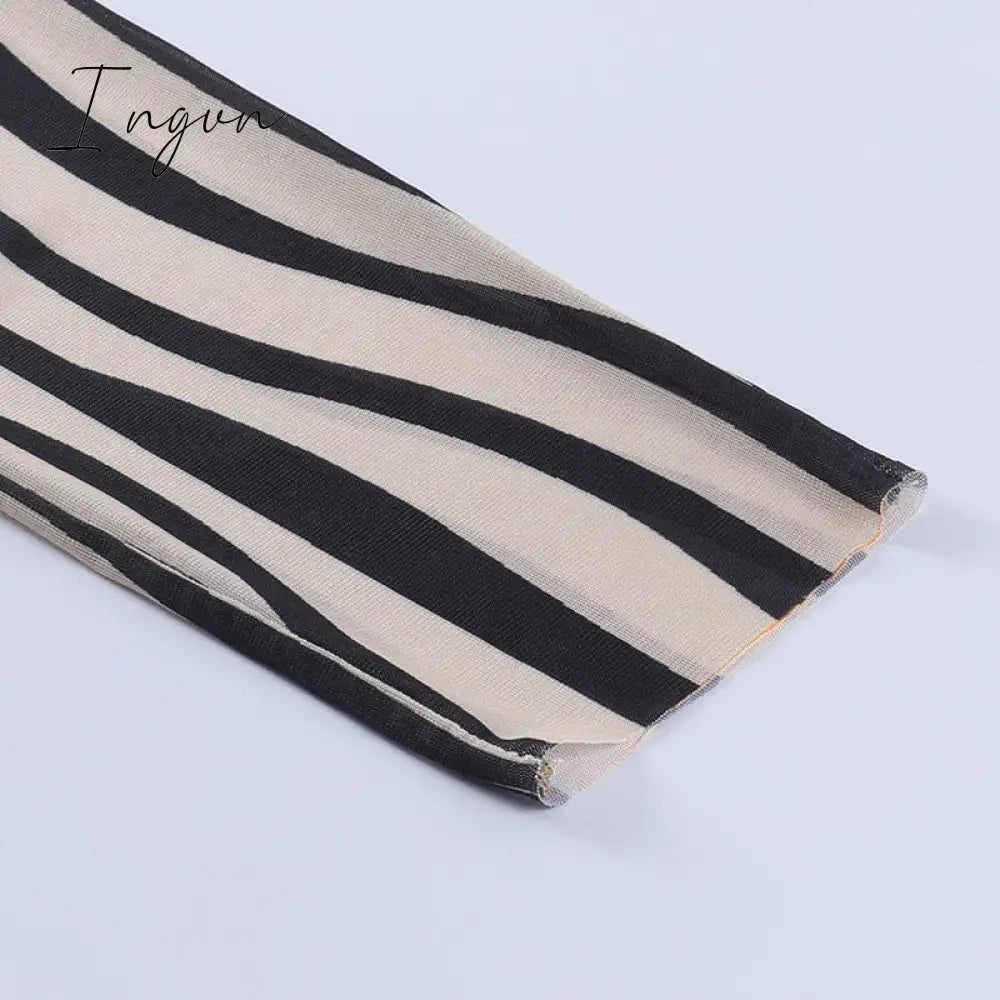 Ingvn - Autumn Mesh Zebra Striped Sets Women 2 Piece Suit T-shirt + Long Pants See-through Sexy Co-ord Set Female Tracksuit Costume