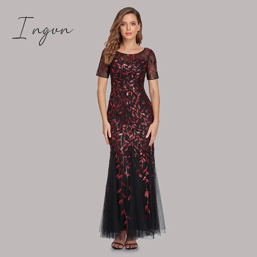 Ingvn - Plus Size Evening Dresses Mermaid O Neck Short Sleeve Lace Appliques Tulle Long Party Gown Robe Soiree Sexy Formal Dress vestido