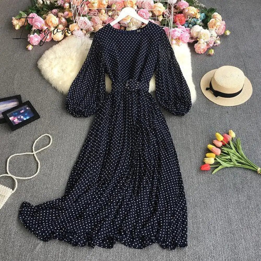 Ingvn - New Spring Autumn French O-neck long sleeve Dress polka dot printing high waist lace up mid-length A-line pleated Dress