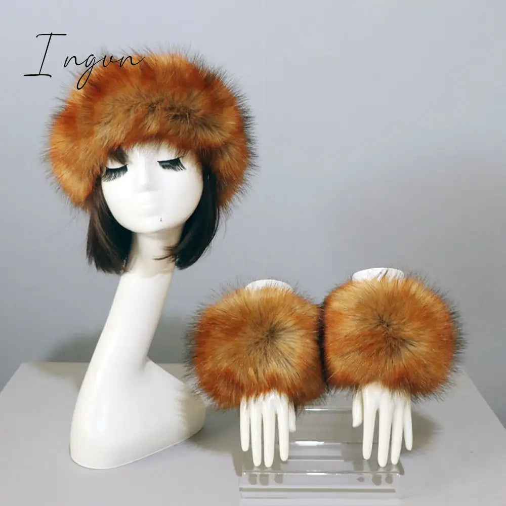 Ingvn - New Autumn Winter Caps Female Hats Cuffs Set Fashion Warmth Imitation Quality Design Faux Fur Hat Fox Fur Sleeves Suit Accessary