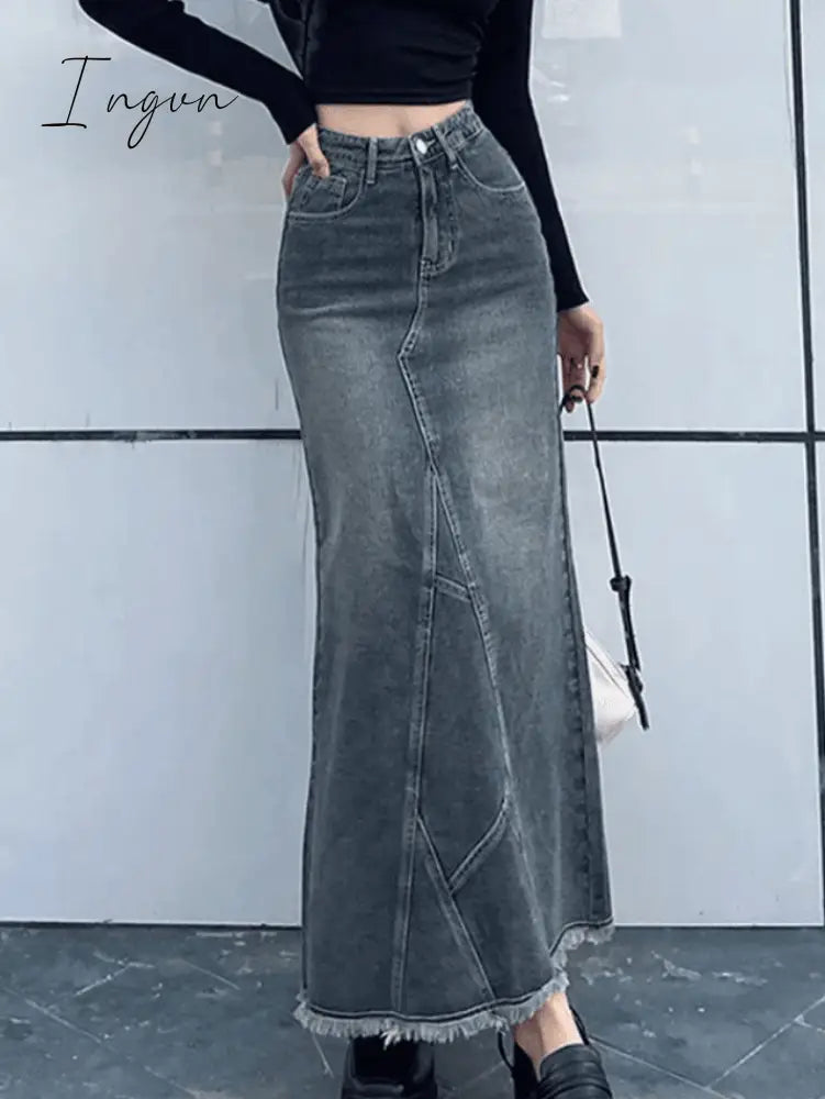 Ingvn - Back Slit Patchwork Long Denim Skirt