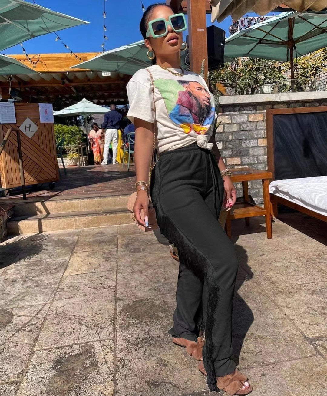 Voguable  Women Festival Clothing Casual Streetwear Bodycon Sweat Pants Women Vintage Capris Side Tassels Patchwork Solid Jogger Pant