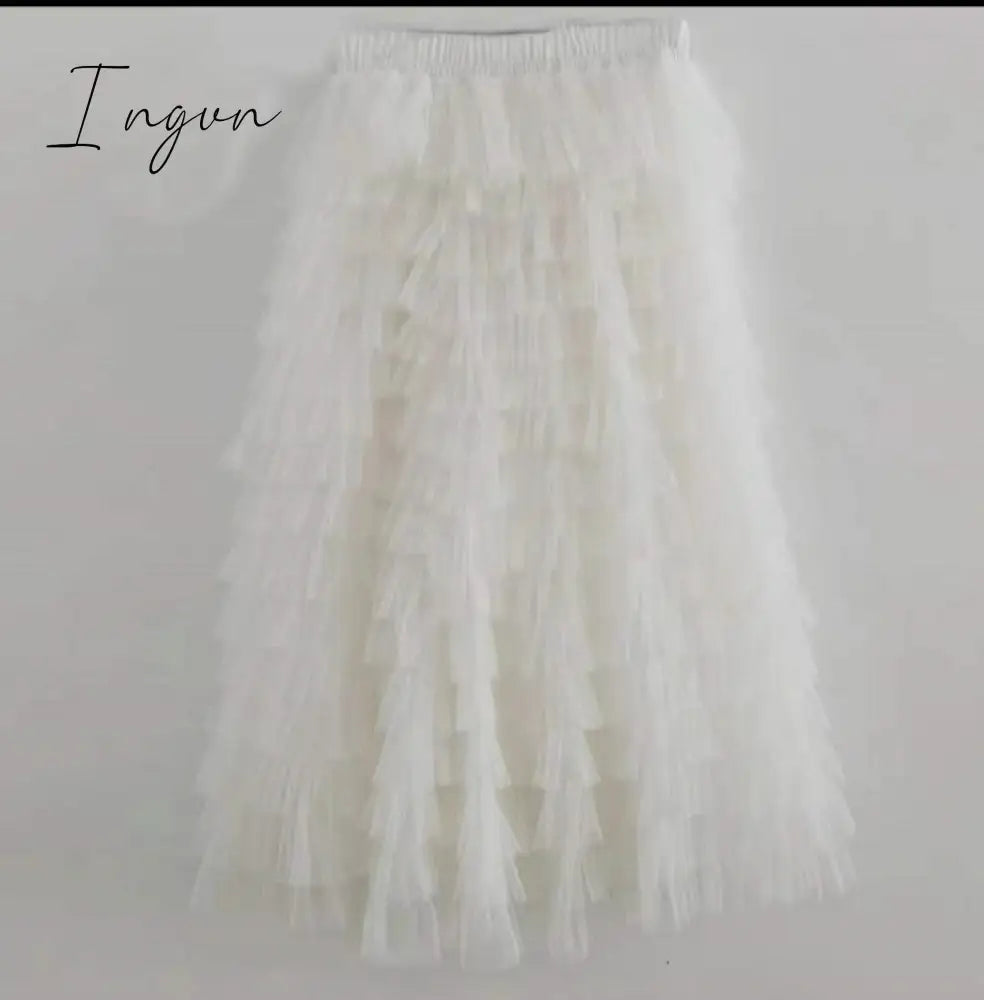 Ingvn - jupe femme Spring Party Skirt Elastic High Waist Long Tulle Skirt Women Multilayer ruffles Pink Mesh Tutu Skirt Ladies
