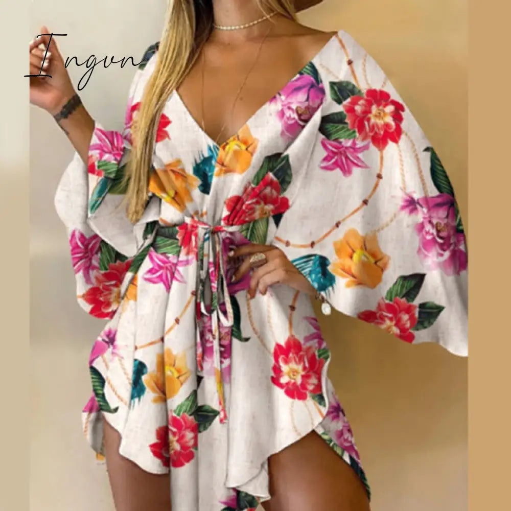 Ingvn - Sexy V-Neck Women Mini Dress Casual Leaf Leopard Print Harajuku Batwing Sleeve Dress Lady Elegant Lace-Up Irregular Party Dress