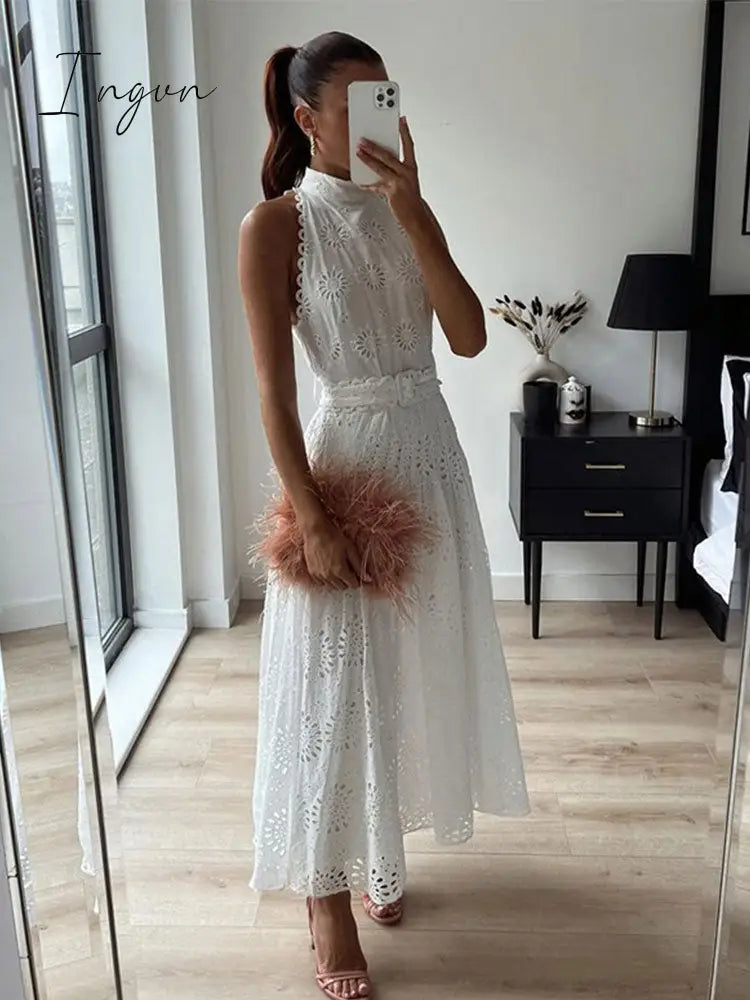 Ingvn - Hollow Out White Belt Sleeveless Long Dress X-shaped High Waist Half High Collar Dress Elegant Fashion Female Lace Midi Dresses