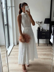 Ingvn - Hollow Out White Belt Sleeveless Long Dress X-shaped High Waist Half High Collar Dress Elegant Fashion Female Lace Midi Dresses