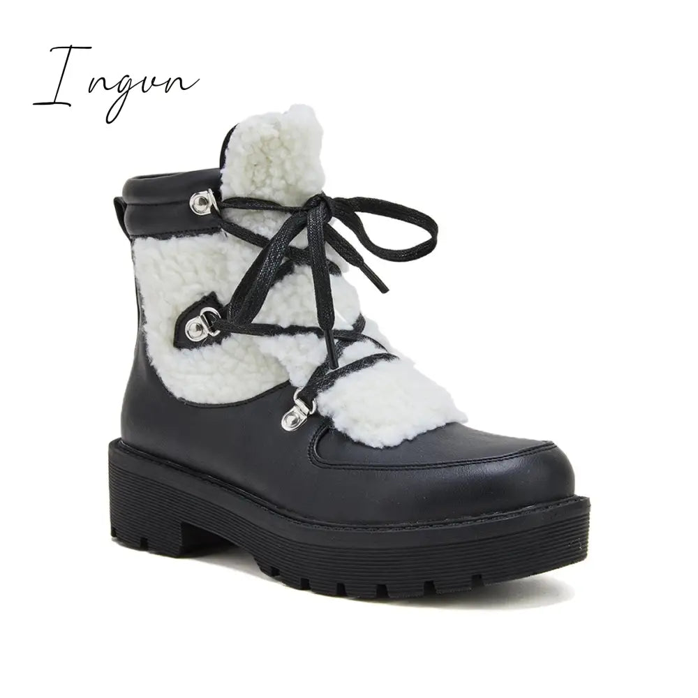 Ingvn - Women's Faux Shearling Stiching Lace Up Snow Boots