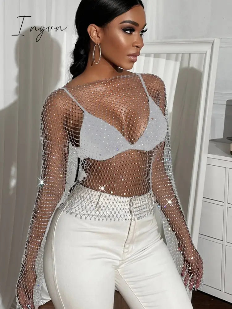 Ingvn - Sexy see through mesh Rhinestone tank top women summer shiny club party crop top long sleeve beach cover up fishnet tops t shirt
