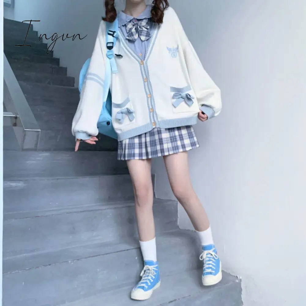 Ingvn - Spring Japanese Kawaii Fashion Pink Cardigan Women Harajuku Knitted Sweater Cute Bow Heart Korean College Style JK Uniform Coat