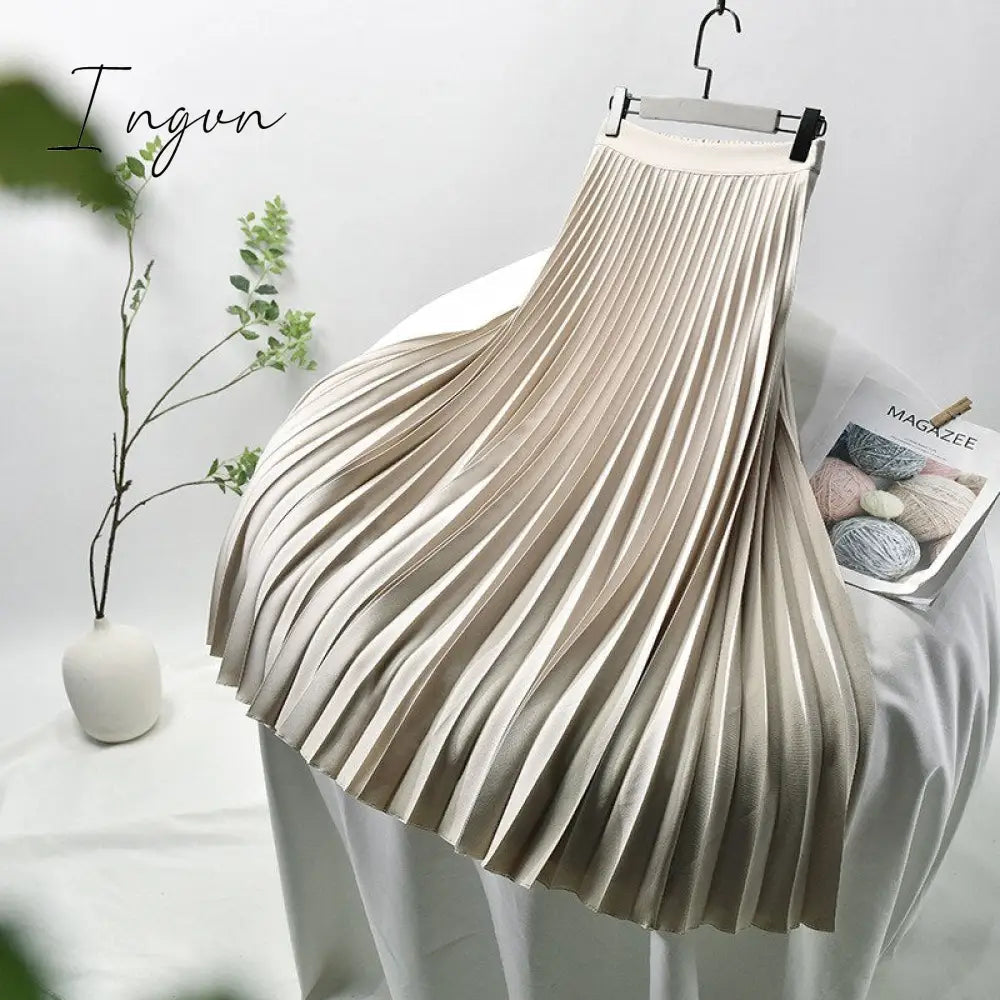 Ingvn - Brand Designer Women Spring Autumn Elegant Chic Solid Pleated Skirt High Waist Luxury Fashion With Elastic Female C-035