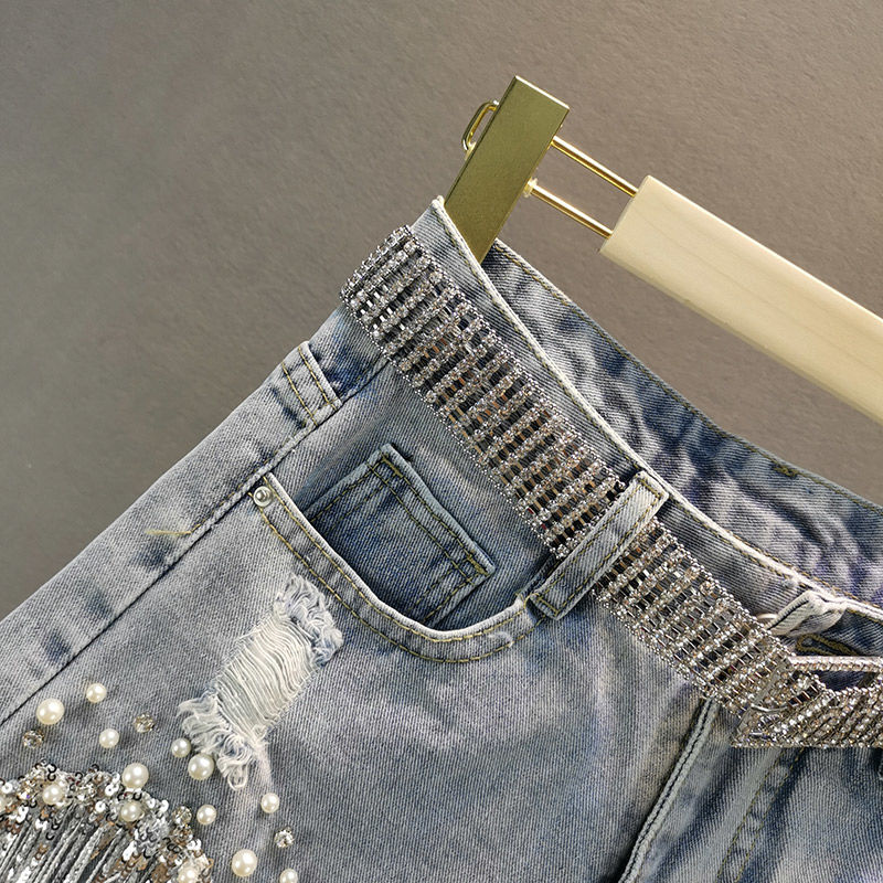 S-5XL Waist Beads Tassel Women'S Denim Shorts Summer Beading Wide Leg Thin Oversized Jeans Korean Streetwear Women Clothes