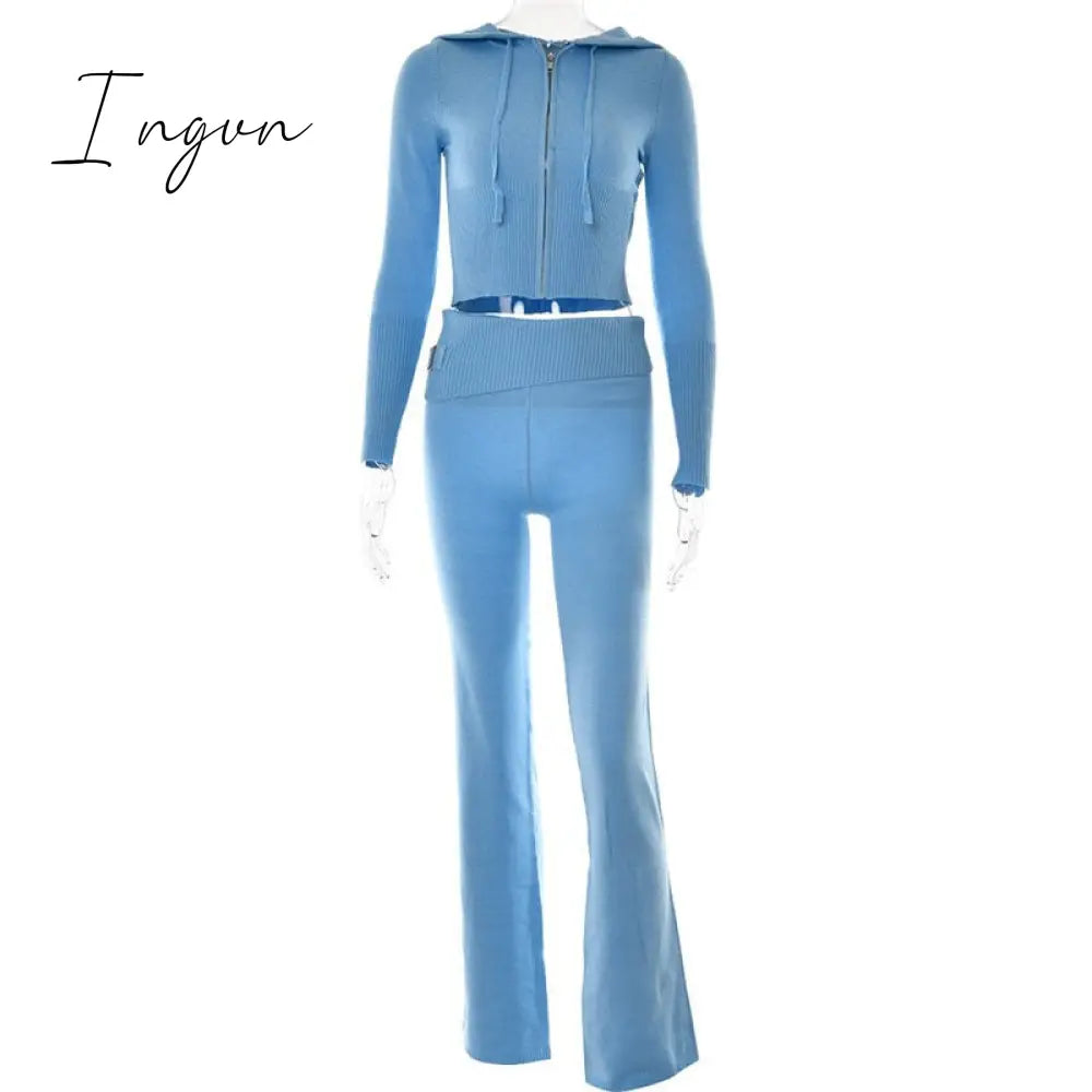 Ingvn - Zipper Lace-up Hoodies+Pant Sets 2023 Women Slim-fit Solid Cardigan Street Temperament Casual Femme Sweatshirt Suits