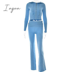 Ingvn - Zipper Lace-up Hoodies+Pant Sets 2023 Women Slim-fit Solid Cardigan Street Temperament Casual Femme Sweatshirt Suits