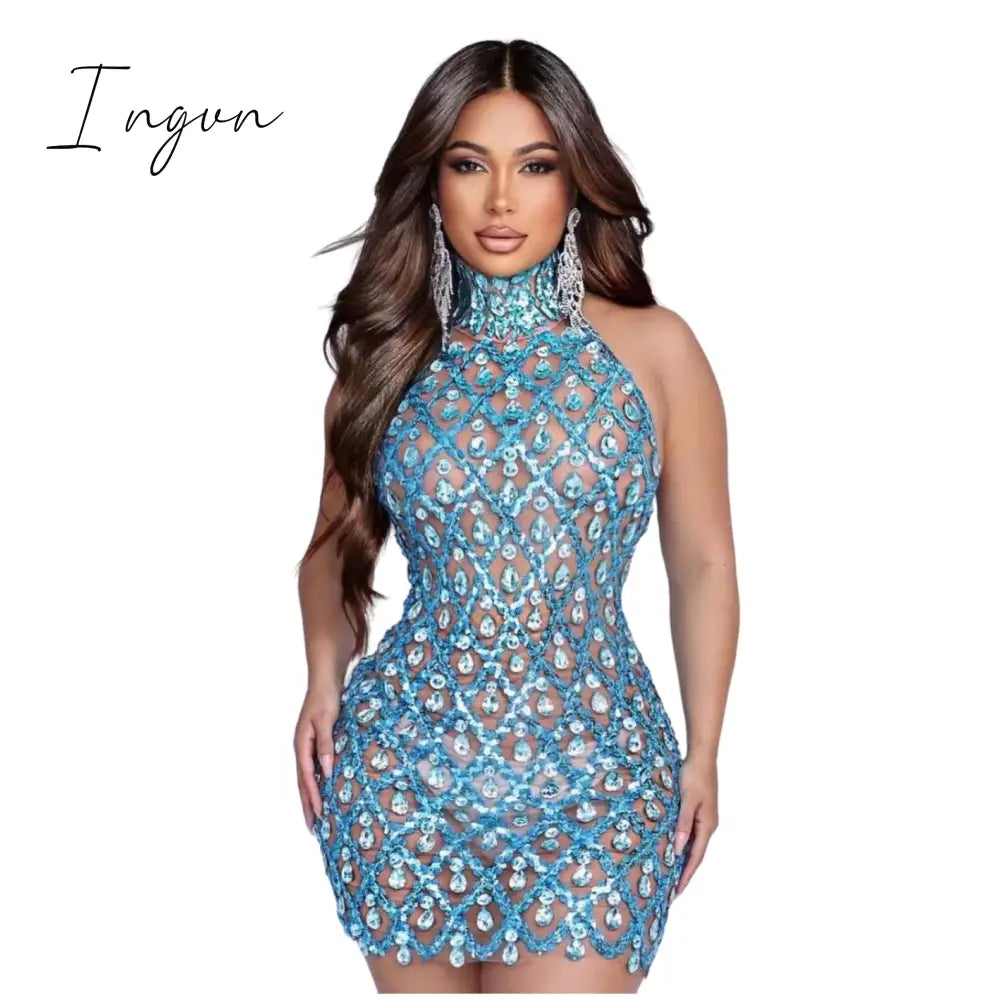Ingvn - Sparkly Black Sequins Sleeveless Birthday Stones Transparent Backless Dress Shiny Evening Celebrate Outfit Stretch Mesh shaokao