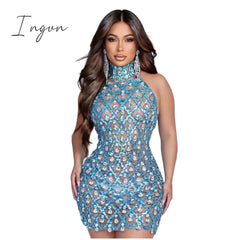 Ingvn - Sparkly Black Sequins Sleeveless Birthday Stones Transparent Backless Dress Shiny Evening Celebrate Outfit Stretch Mesh shaokao