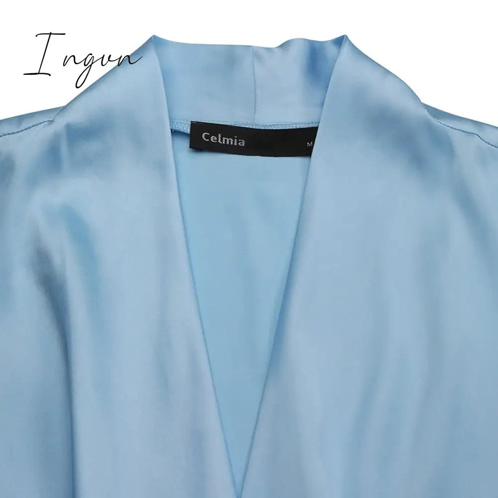 Ingvn - Women Satin Wrap Shirts 2023 Fashion Deep V Neck Blouses Casual Elegant Solid Long Sleeve Top Tunic Blusas Feminina
