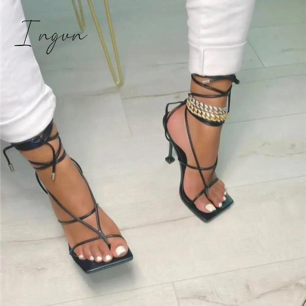 Ingvn - Sexy Open Squared Toe Thong Strap Heels