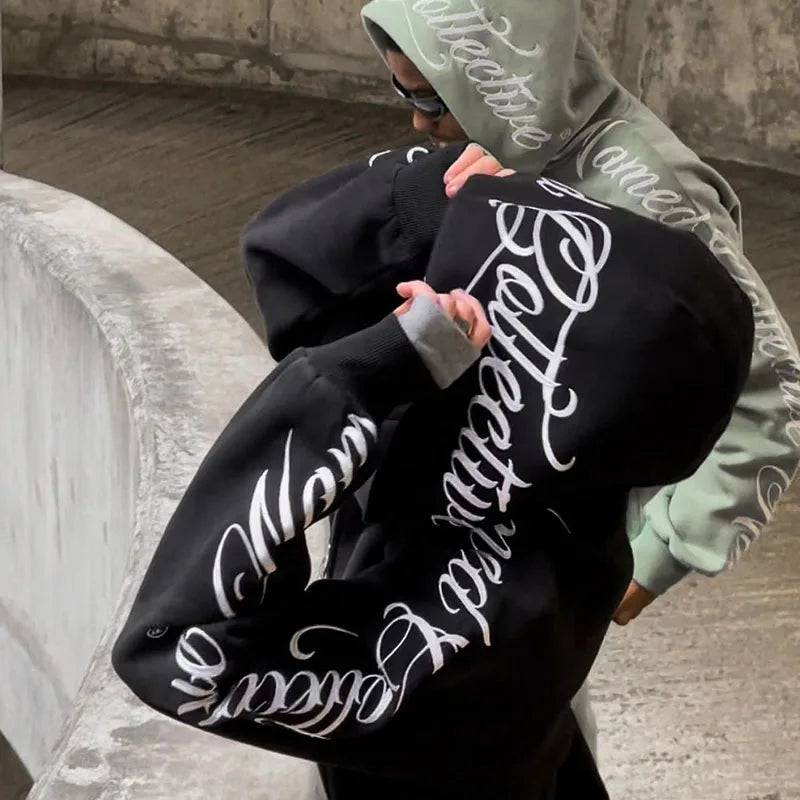 American Winter Sweatshirt Y2k Gothic Hip Hop Couple Hoodies Print Harajuku Zip Up Oversized Women Punk Grunge Black Jacket