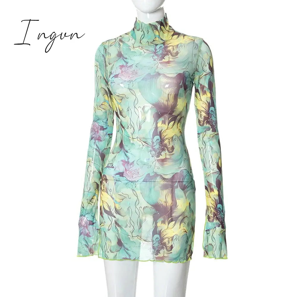 Ingvn - Long Sleeve Printed Tie Dye Bodycon Mini Dress Women Autumn Elegant Party Evening Sexy Fashion Casual Slim Vacation Dresses