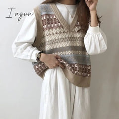 Ingvn - New Vintage V-neck Knitted Vest Sweater Women Sleeveless Pullover Elasticity Sweater Loose Female Casual Oversized Knitted Vest