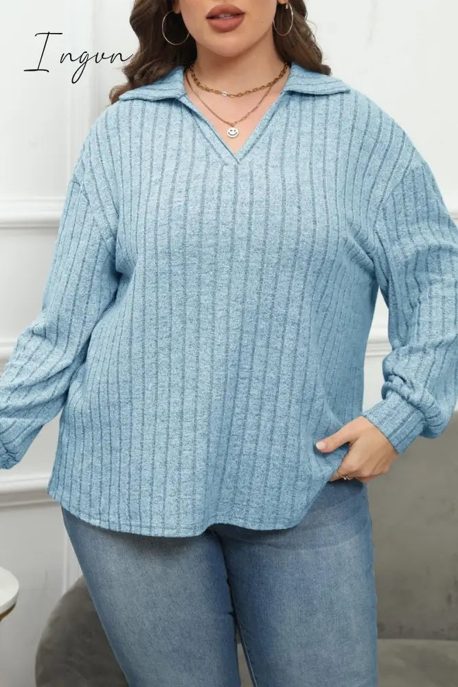 Ingvn - Casual Solid Basic V Neck Plus Size Tops