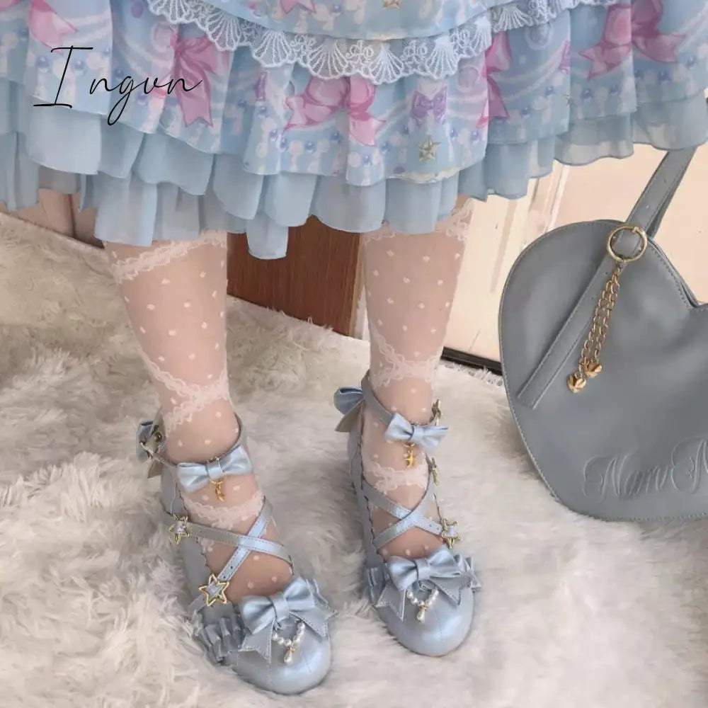 Ingvn - Sweet Lolita Shoes Vintage Round Head Middle Heel 3-5cm Women Shoes Cute Bowknot Cross Bandage Kawaii Shoes Loli  Kawaii Girl