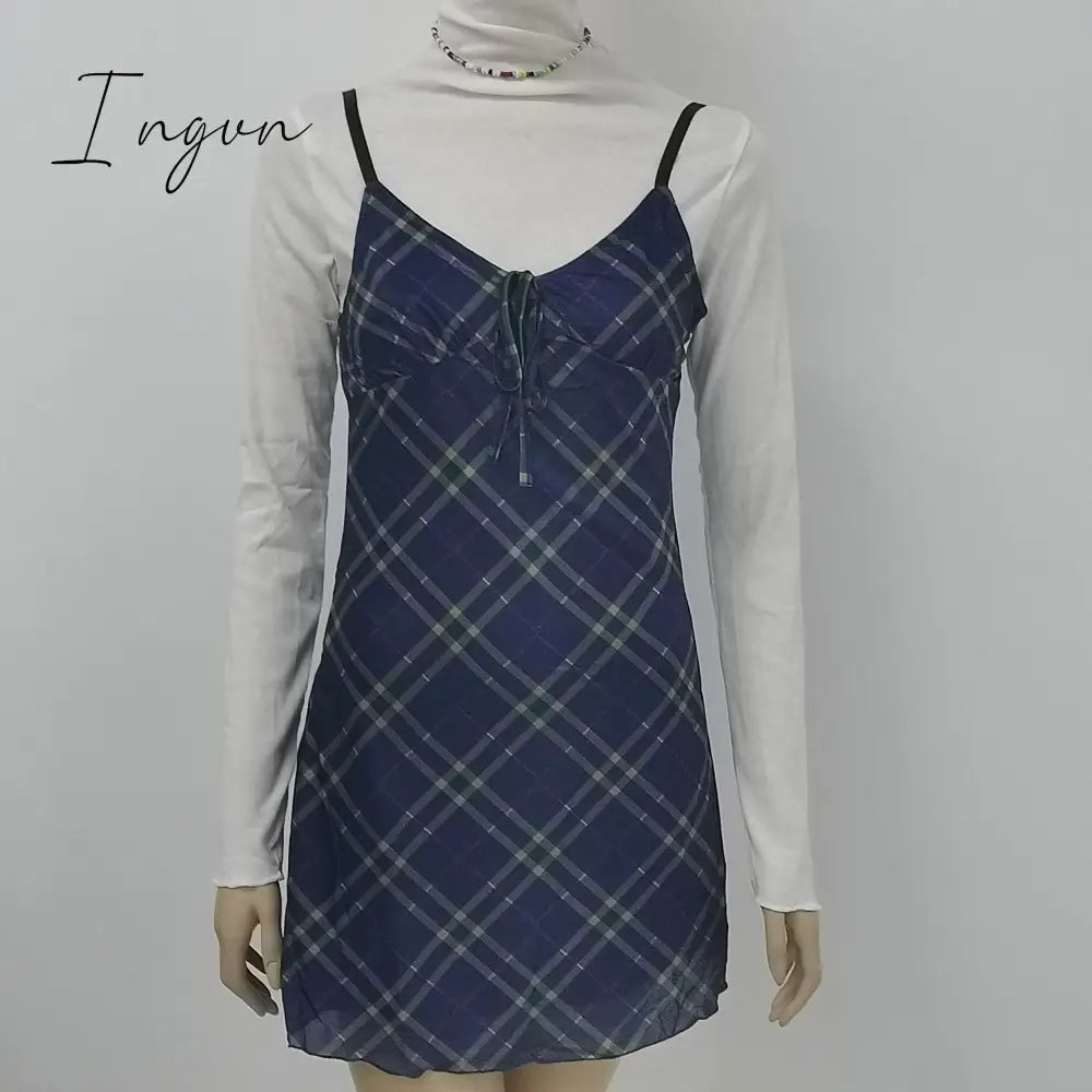 Ingvn - E-Girl 90s Spaghetti Strap Bandage Front Ruffles Plaid Dresses Vintage Mesh V-neck Backless A-line Mini Dress Partywear