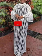 Ingvn - Women White Long Dresses Lace Hollow Out High Neck Bell Sleeve Straight Maxi Kaftan Dress One Size Robe Party Evening Clothes
