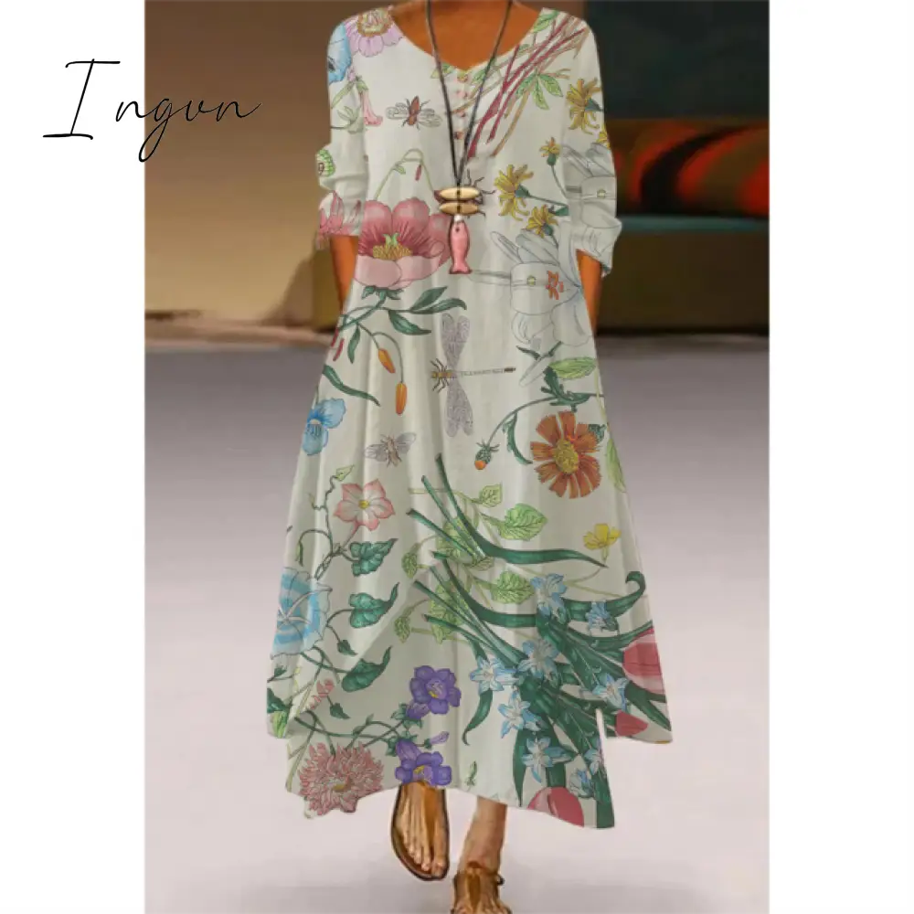 Ingvn - Fashion Summer Maxi Dress Women's Printed Sundress Casual Short Sleeve Vestidos Female High Waist Robe Femme midi elbise