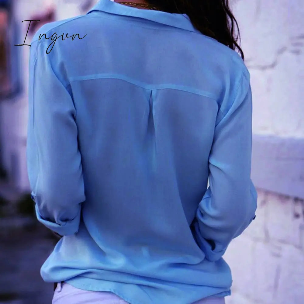 Ingvn - Elegant Long Sleeve Oversized Solid V-Neck Chiffon Blouse Summer Women Tops Female Office Shirts Casual Regular
