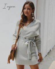 Ingvn - Sexy Bodycon Wrap Sweater Dress Women Autumn Long Sleeve Sashes Tied Mini Casual Cotton Knitted Elegant Winter Dress Cloth