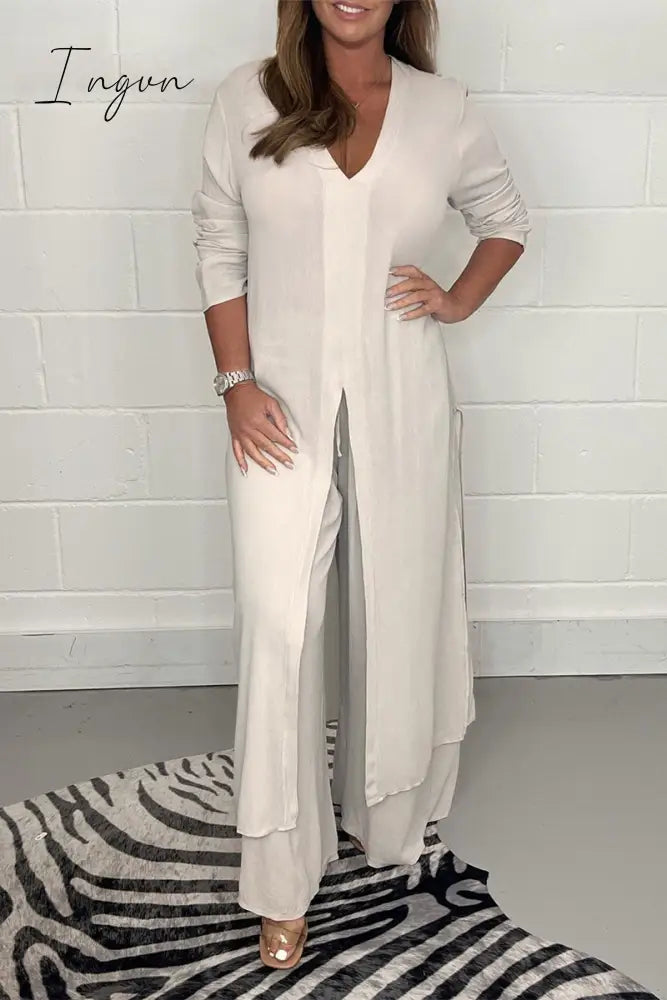 Ingvn - Casual Simplicity Solid Slit V Neck Long Sleeve Two Pieces(6 Colors)