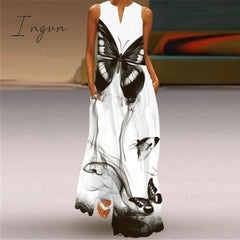 Ingvn - Fashion White Summer Dress Casual Breathable Butterfly Print Long Dresses Woman Sleeveless Beach Maxi Dress Women