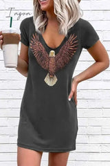 Ingvn -  Loose V-Neck Eagle Print Short Sleeves Mini Dress