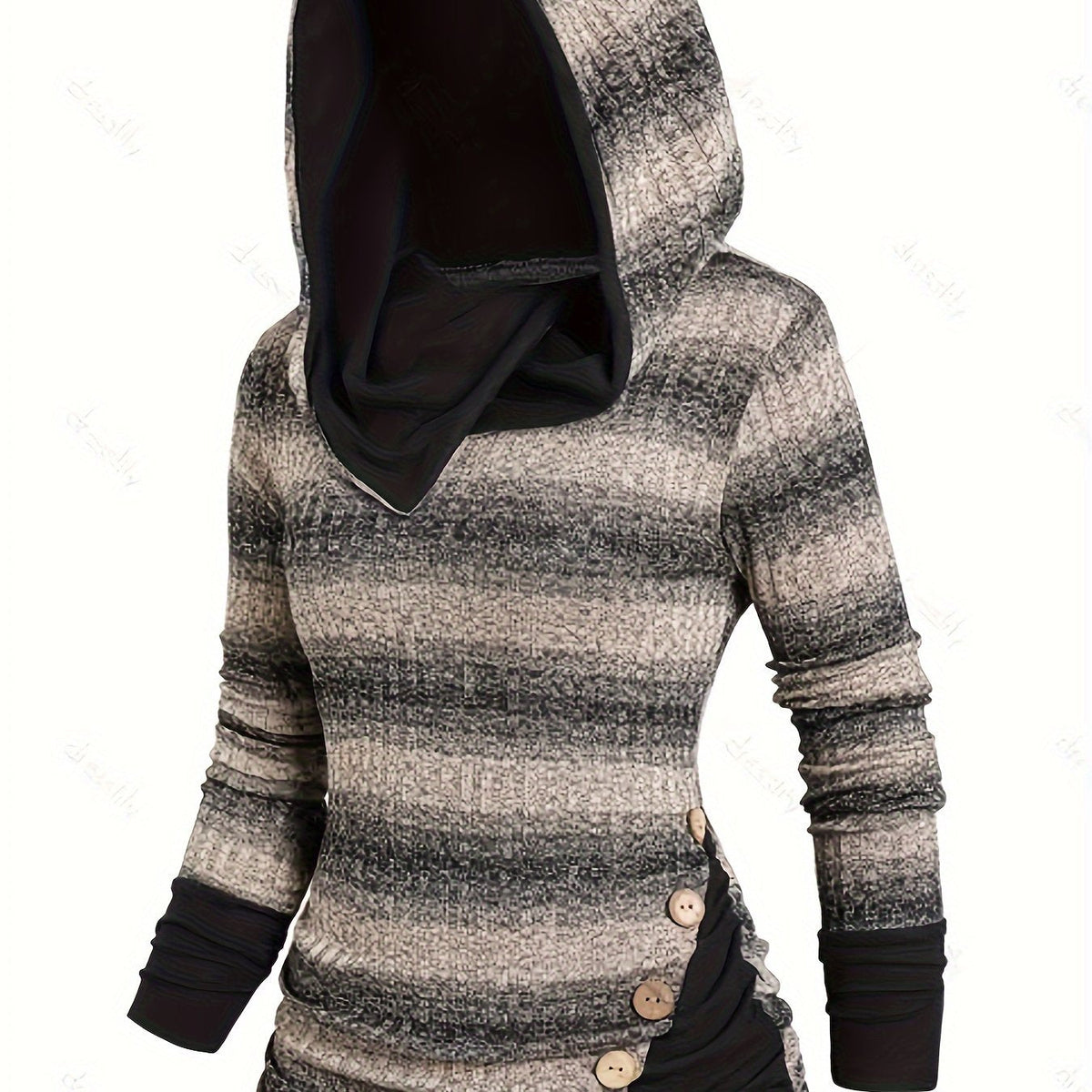 Striped Print Button Decor Tunic Hoodie, Casual Long Sleeve Hoodie Sweatshirt, Women's Clothing