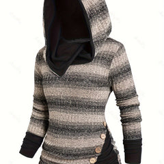 Striped Print Button Decor Tunic Hoodie, Casual Long Sleeve Hoodie Sweatshirt, Women's Clothing