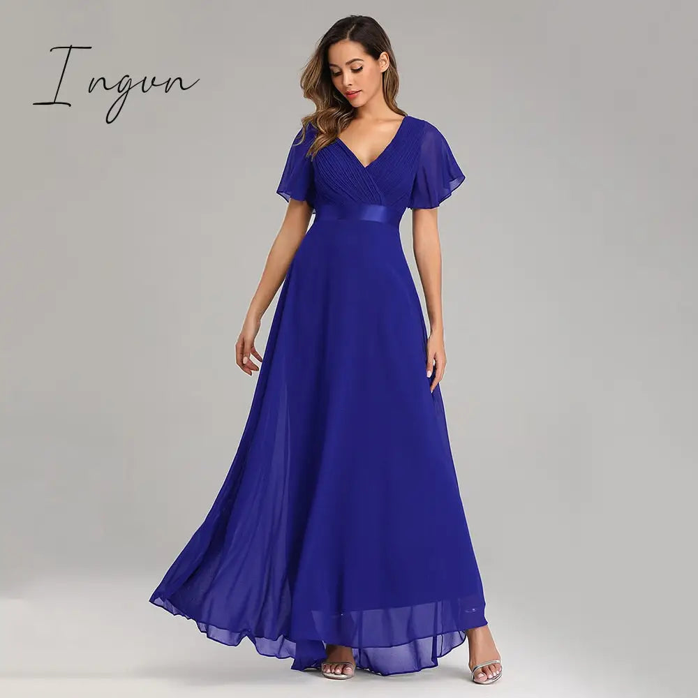 Ingvn - Evening Dresses Elegant V-Neck Ruffles Chiffon Formal Evening Gown  Robe Vestidos De fiesta Dress for Wedding Party