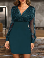 Solid Sequin Stitching Lace Long Sleeve Dress, Elegant Mesh Slim Sexy Party Dress, Women's Clothing
