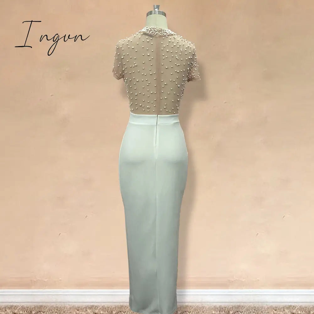 Ingvn - Women Sexy Dress Transparent Tulle with Bead Tops Patchwork Slit Party Dresses Short Sleeves Female Summer Night Date Out