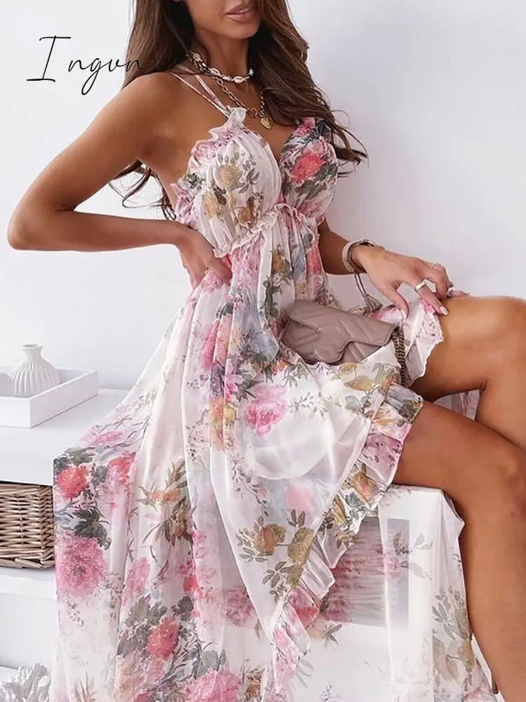 Ingvn - 2023 Fashion Women Summer Princess Dress Bohemian Sling Backless Deep V-Neck Floral Printing Ladies Dress Zipper Irregular Dress Streetwear