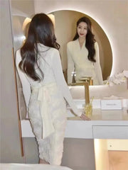 Women Elegant Flowers Bandage One-piece Dresses Spring Long Sleeve Patchwork Luxury Party Vestido Office Lady Clothing