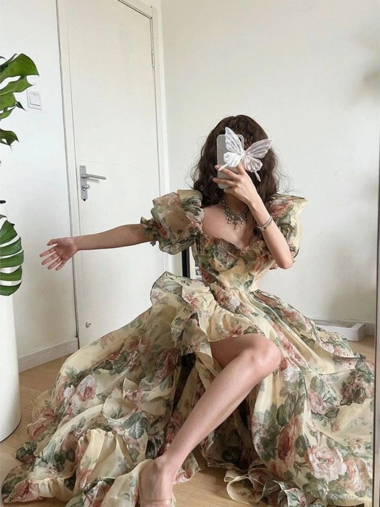 Floral Print Evening Party Dress Women Puff Sleeve Elegant Princess Long Dres Ladies France Vintage Open Fork Dress Summer